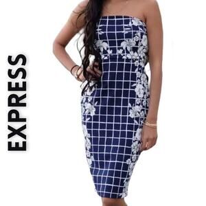 Express Strapless Stretch Sheath Dress Size 2 Blue White Large Floral Bodycon